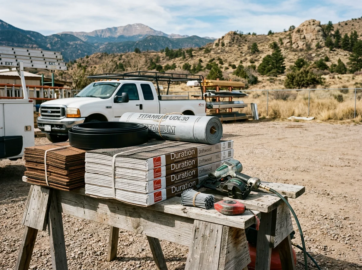 Exterior view of roofing tools and materials staged for a residential roofing project. The scene shows no visible people.