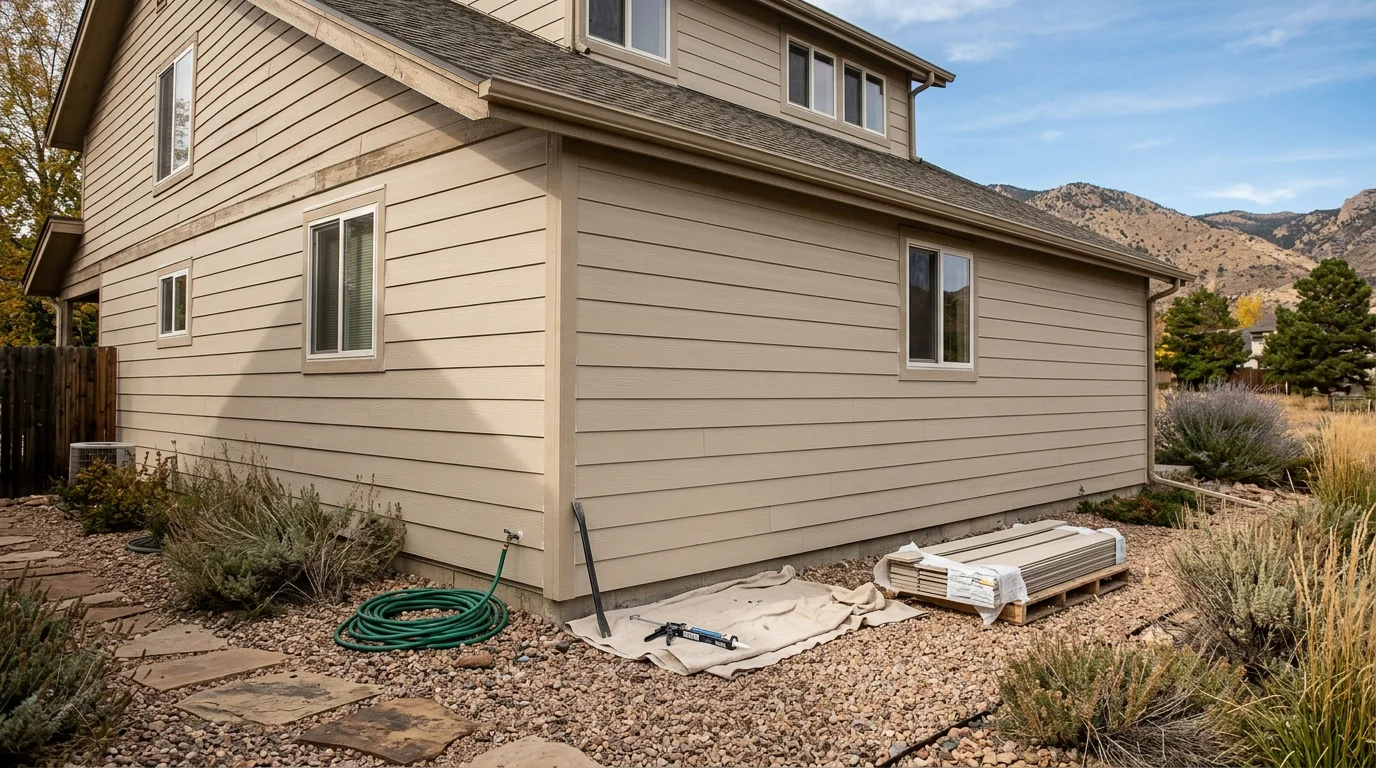 Siding repair work on a home exterior in Colorado Springs, Colorado