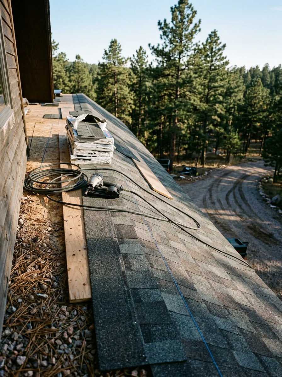 Impact-resistant asphalt shingles being installed on a Black Forest, Colorado home with pine forest visible in the background.