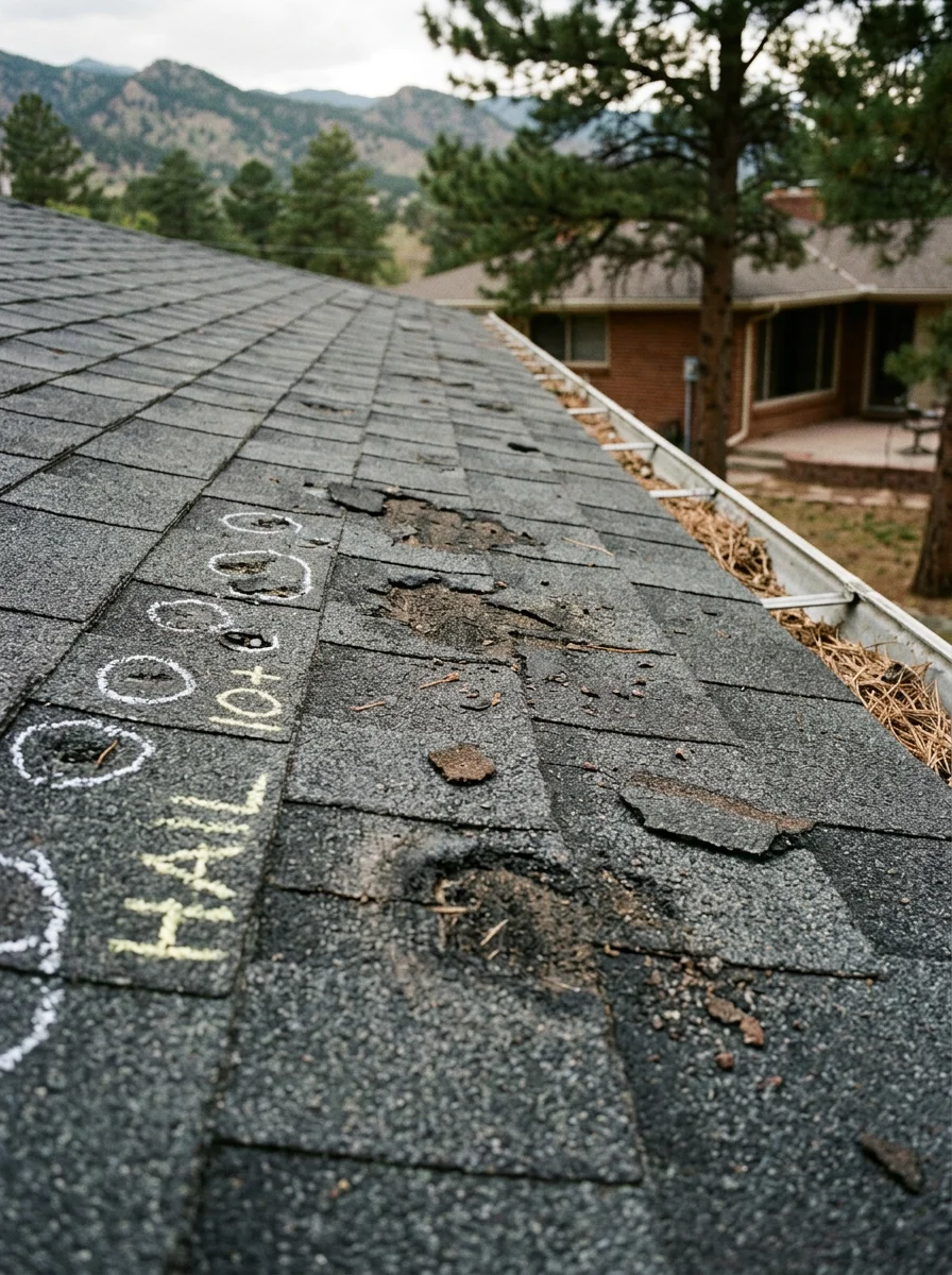 Close-up of hail impact damage on asphalt shingles showing granule loss and bruising on a Colorado Springs residential roof.