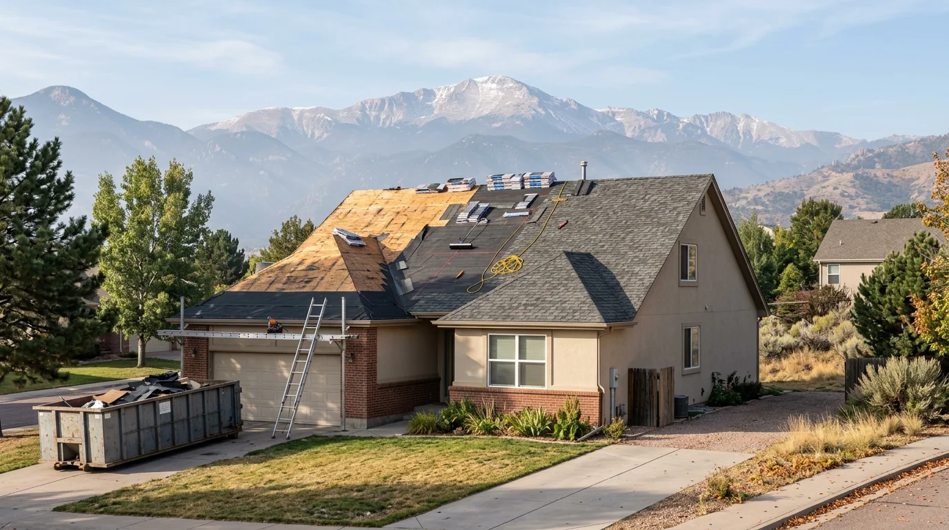Asphalt shingle roof replacement in progress on a two-story home in Colorado Springs with Pikes Peak visible in the background.