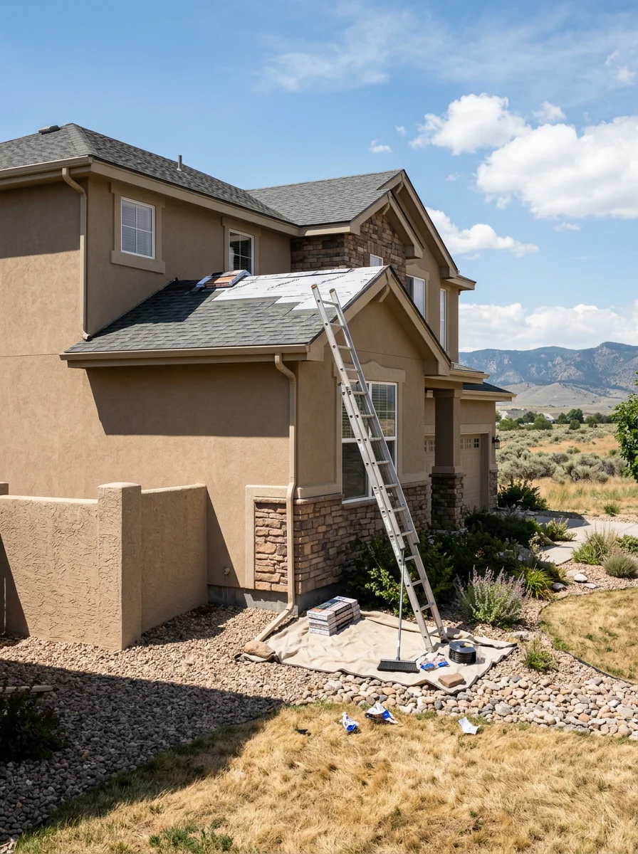 Roof inspection in progress on a two-story home in the Meridian Ranch subdivision in Falcon, Colorado.