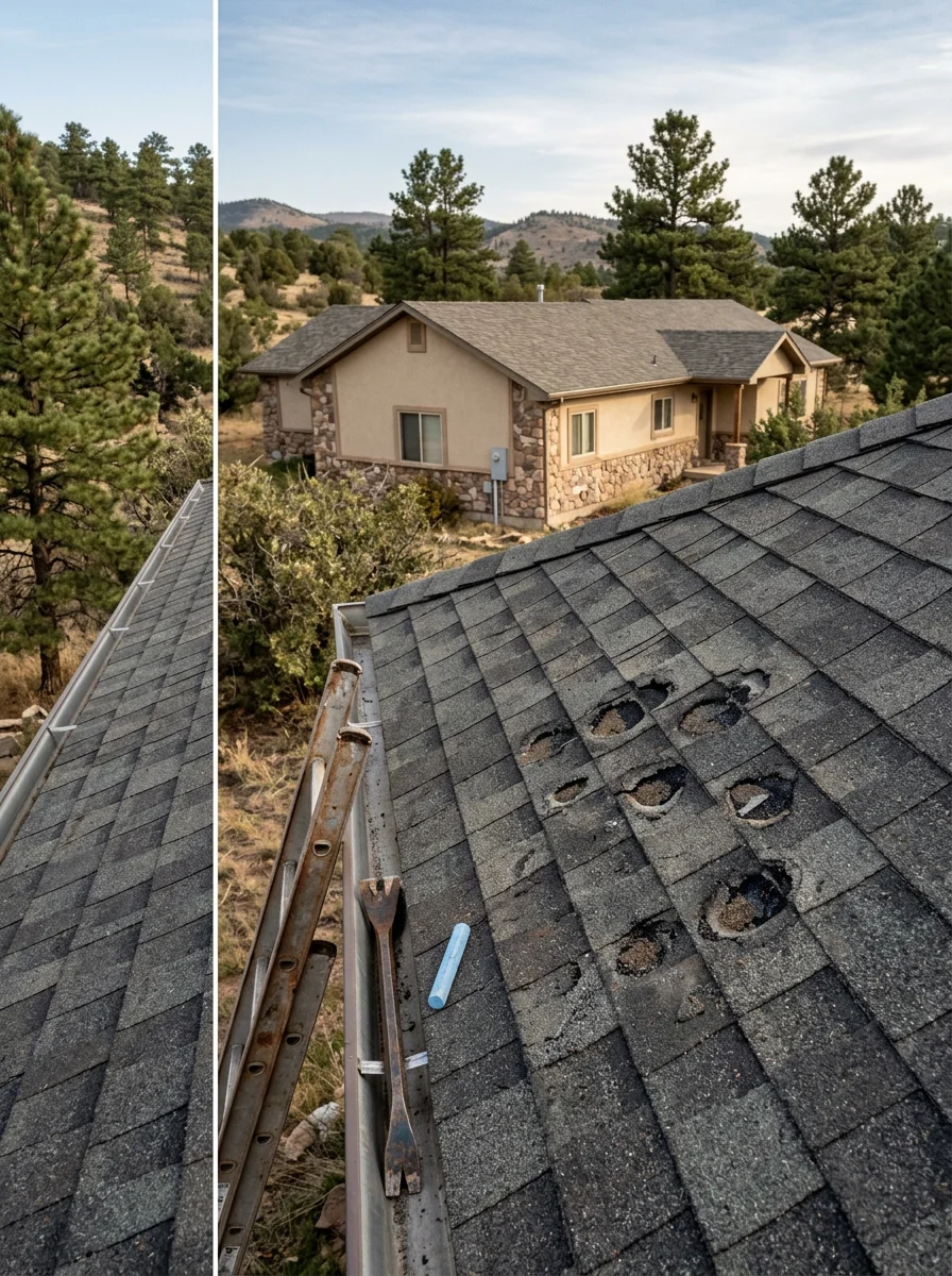 Hail damage inspection on an asphalt shingle roof in Monument, Colorado showing granule loss and impact bruising across multiple shingles.