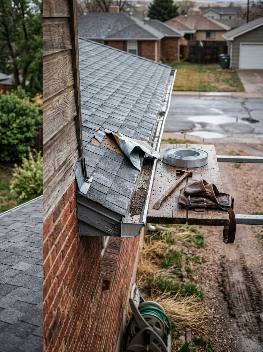 Roofer inspecting flashing at the brick-to-roof transition on an older Widefield, Colorado home during a storm damage assessment.