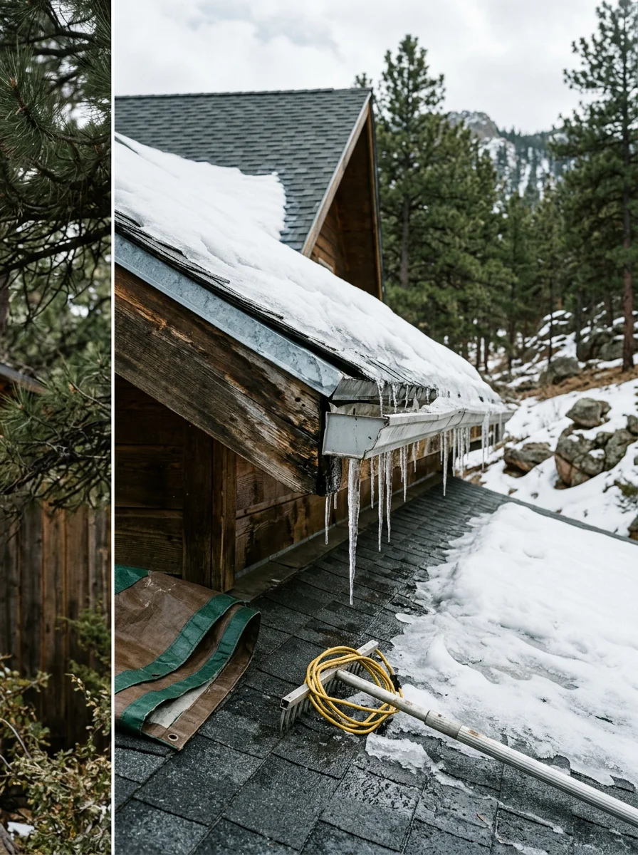 Ice dam damage inspection at the eaves of a Woodland Park, Colorado home showing water intrusion and lifted flashing after a heavy winter snowpack.