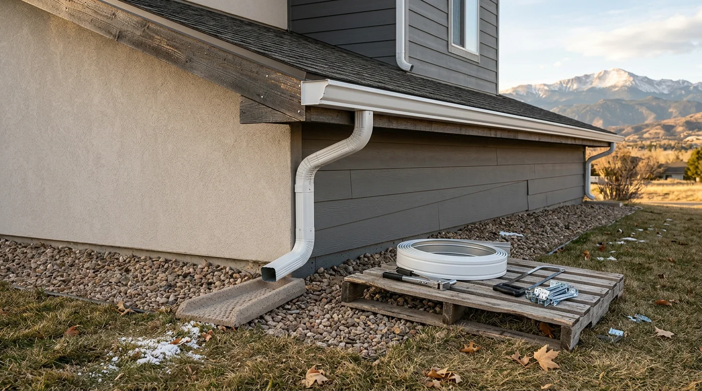New gutters installed along the roofline of a Colorado Springs residential home, with downspouts positioned to direct water away from the foundation. The surrounding landscape reflects the Front Range foothills setting common across El Paso County.