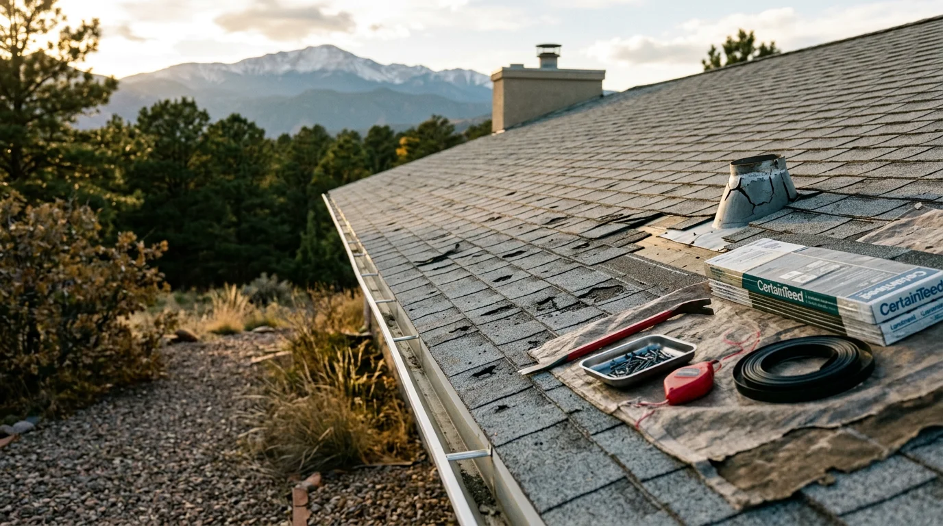 Close-up view of hail-damaged asphalt shingles on a residential roof in Colorado Springs, showing granule loss and bruising across multiple shingle surfaces. A roofing contractor inspects the damage on a steep-pitch roof with the Pikes Peak region visible in the background.