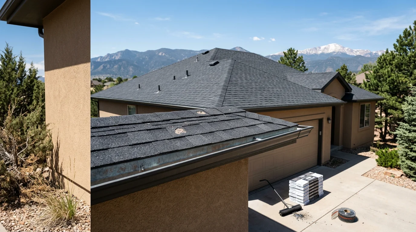 A Colorado Springs residential home with newly installed Class 4 impact resistant shingles on a steep-pitch roof, with the Rocky Mountain foothills visible in the background. Close-up detail shows the dimensional texture of the reinforced asphalt shingle surface.