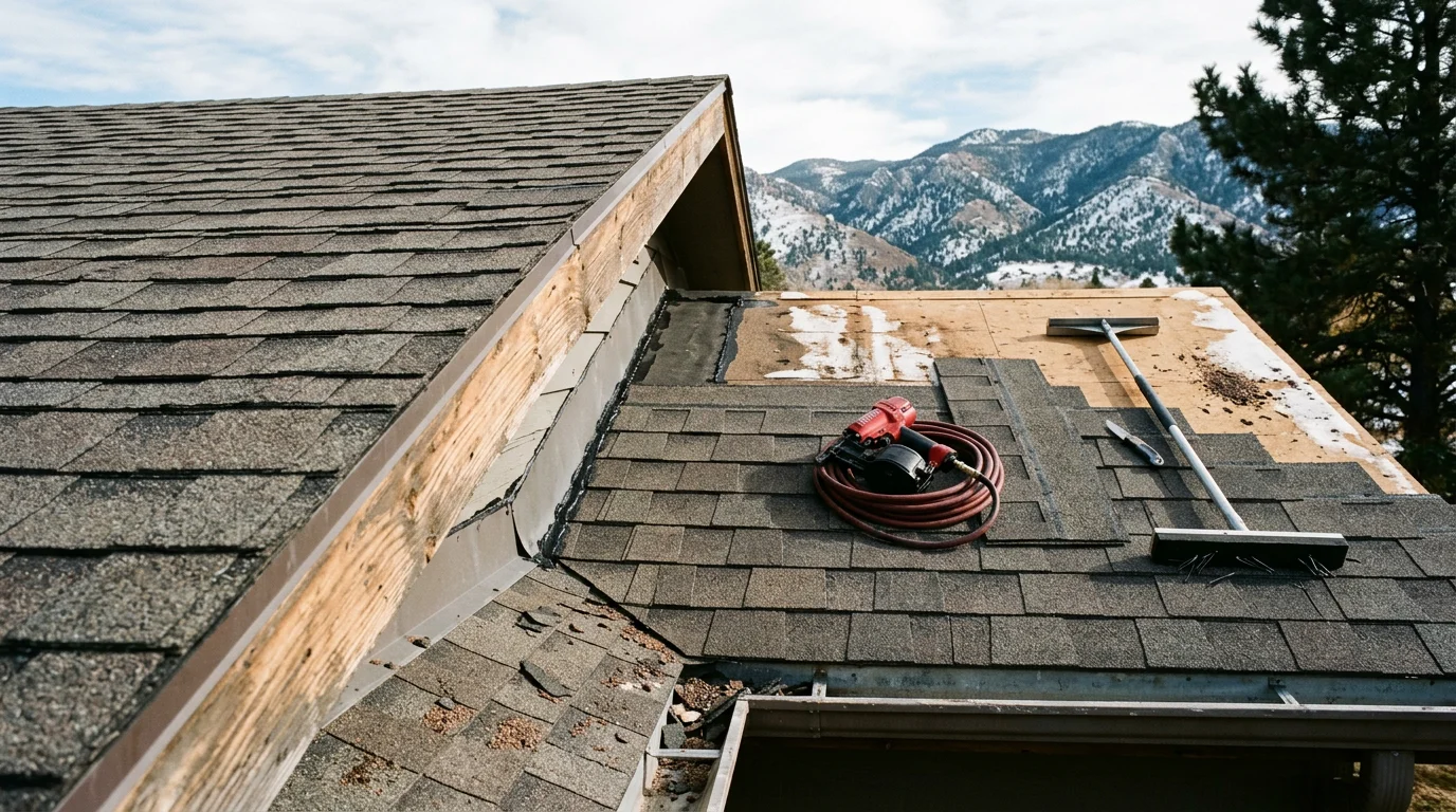 A residential roof in Colorado Springs with repaired asphalt shingles and sealed flashing around a chimney, showing completed repair work on a home in El Paso County.
