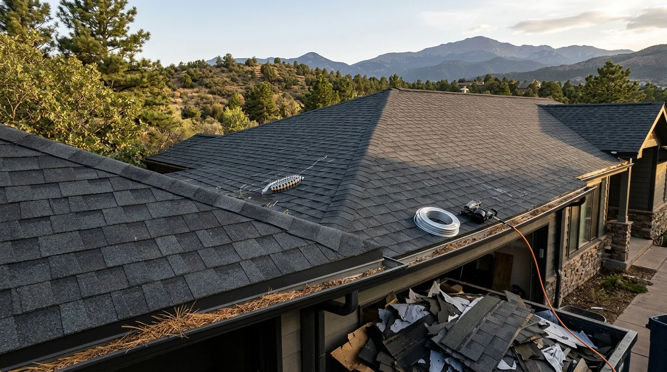 A newly completed residential roof replacement on a Colorado Springs home, showing clean roofing lines and a fully installed roofing system against a backdrop of the Front Range foothills.