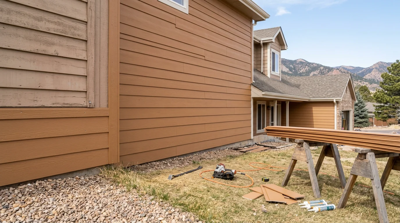 Freshly replaced siding on a single-family home in Colorado Springs, Colorado, showing tight panel alignment and clean trim work along the exterior wall. The repaired section contrasts with the surrounding original siding, illustrating the scope of storm damage repair work completed.