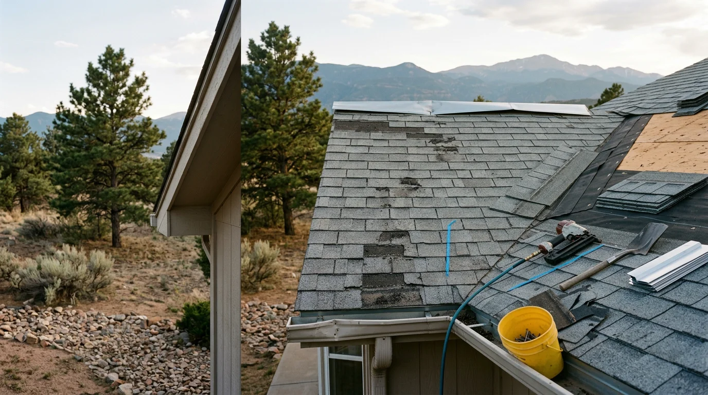 A residential roof in Colorado Springs showing hail damage with granule loss on asphalt shingles and dented metal flashing along the ridge. A roofer from Roofer of the Rockies inspects the storm-damaged roofing system from the roof surface with Pikes Peak visible in the background.